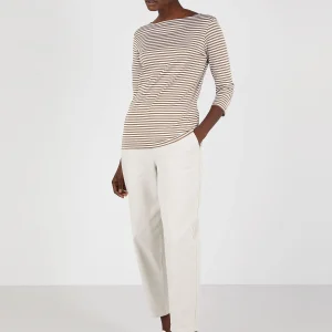Women's Boat Neck T-shirt in Dark Tan/White English Stripe